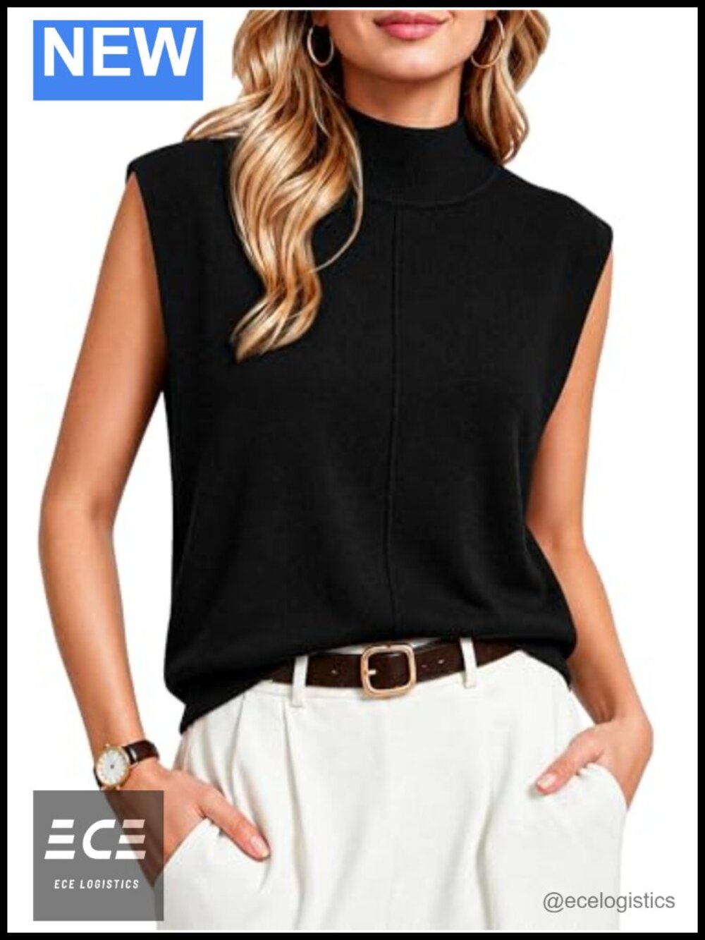 Merino Wool Blend Mock Turtleneck Sleeveless Sweater Vest